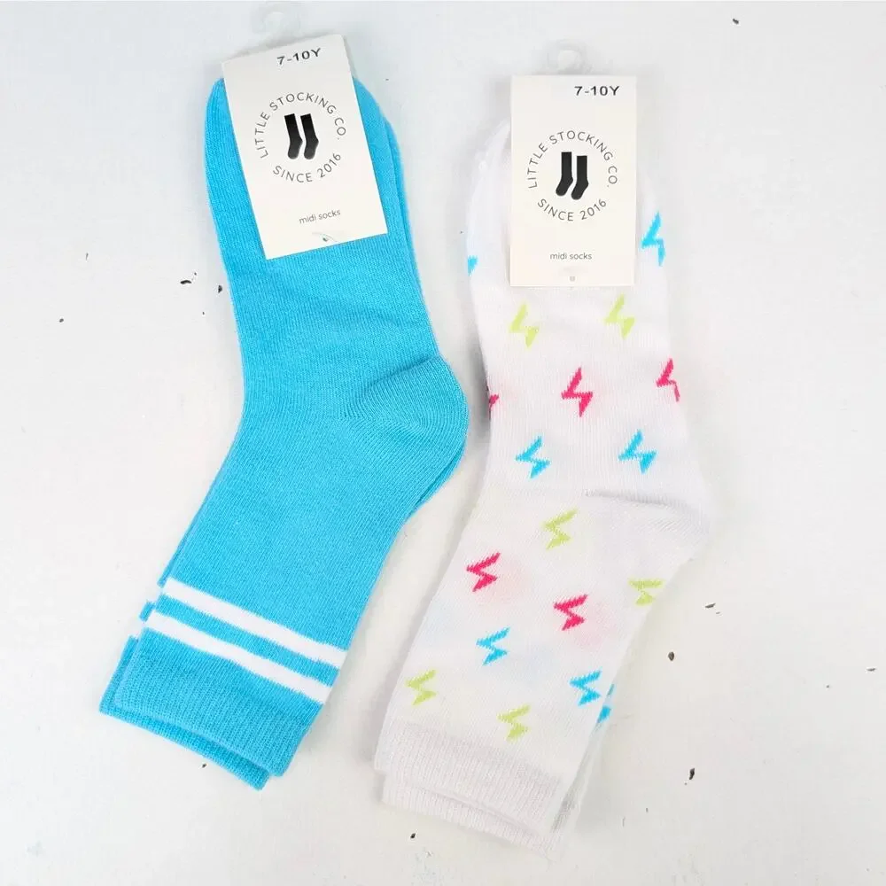 Little Stocking Girls 7-10Y Lightning Bolt & Turquoise Stripe Midi Sock Bundle